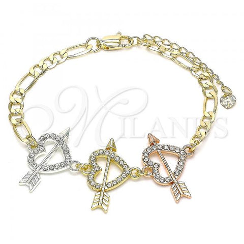 Oro Laminado Fancy Bracelet, Gold Filled Style Heart Design, with White Crystal, Polished, Tricolor, 03.380.0123.07