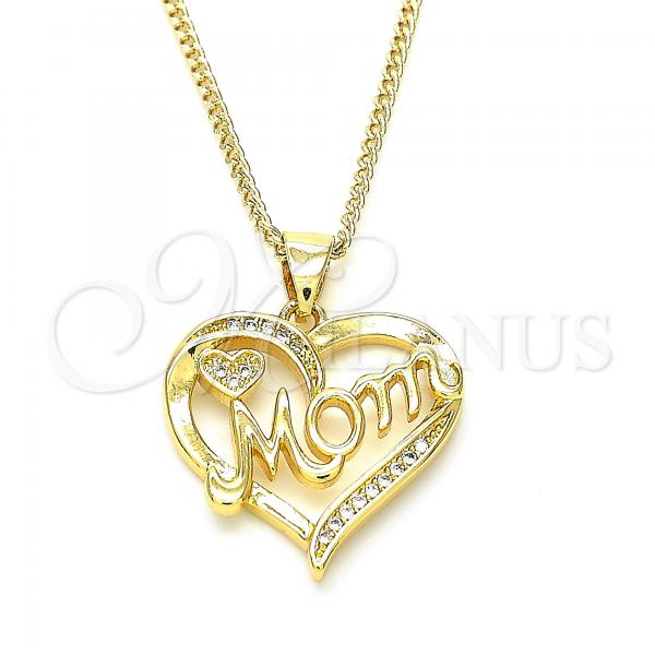 Oro Laminado Pendant Necklace, Gold Filled Style Heart and Mom Design, with White Cubic Zirconia, Polished, Golden Finish, 04.342.0003.18