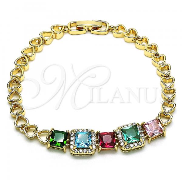 Oro Laminado Fancy Bracelet, Gold Filled Style Heart Design, with Multicolor Cubic Zirconia, Polished, Golden Finish, 03.283.0219.07