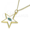 Oro Laminado Pendant Necklace, Gold Filled Style Evil Eye and Star Design, White Enamel Finish, Golden Finish, 04.313.0060.20