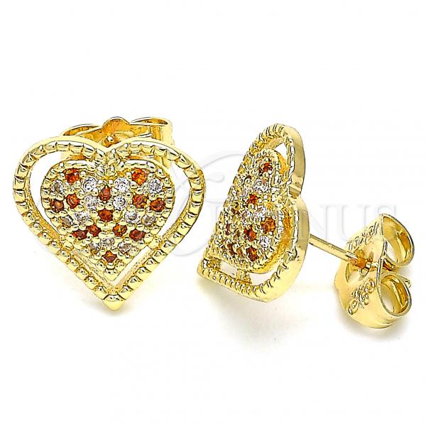 Oro Laminado Stud Earring, Gold Filled Style Heart Design, with Garnet and White Micro Pave, Polished, Golden Finish, 02.156.0520.1