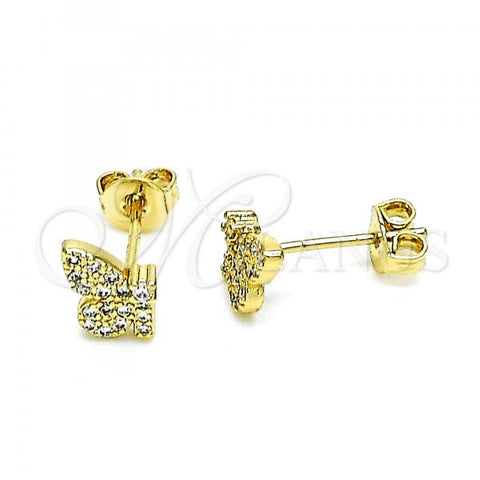 Oro Laminado Stud Earring, Gold Filled Style Butterfly Design, with White Micro Pave, Polished, Golden Finish, 02.102.0067