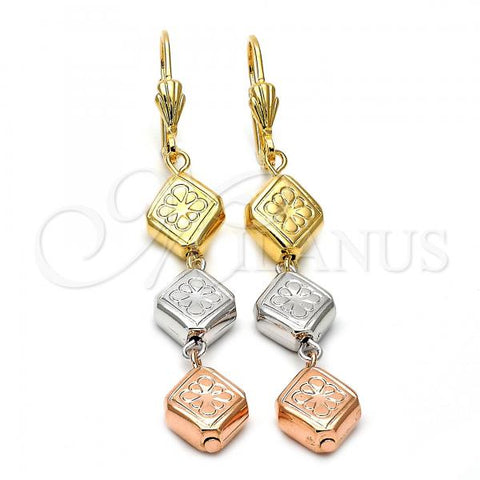 Oro Laminado Long Earring, Gold Filled Style Flower Design, Diamond Cutting Finish, Tricolor, 5.095.017