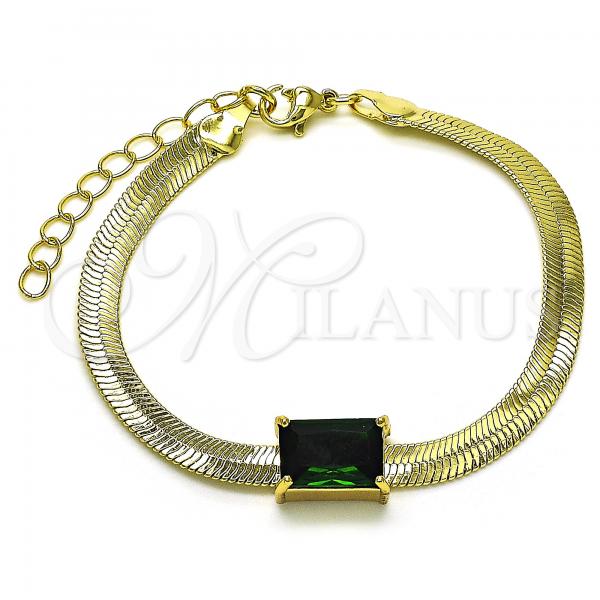 Oro Laminado Fancy Bracelet, Gold Filled Style Rat Tail Design, with Green Cubic Zirconia, Polished, Golden Finish, 03.341.0191.1.07
