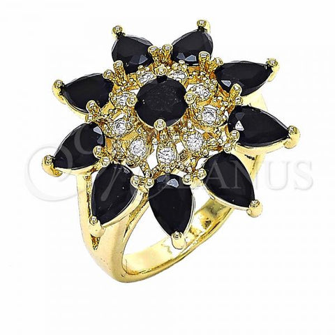 Oro Laminado Multi Stone Ring, Gold Filled Style Flower and Teardrop Design, with Black and White Cubic Zirconia, Polished, Golden Finish, 01.283.0006.07 (Size 7)