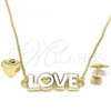 Oro Laminado Earring and Pendant Adult Set, Gold Filled Style Love and Heart Design, White Enamel Finish, Golden Finish, 06.63.0216