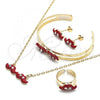 Oro Laminado Earring and Pendant Children Set, Gold Filled Style Moustache Design, with White Crystal, Red Enamel Finish, Golden Finish, 06.65.0148