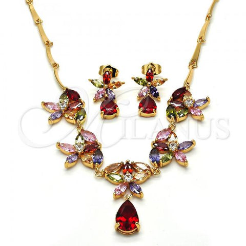 Oro Laminado Necklace and Earring, Gold Filled Style Flower and Teardrop Design, with Multicolor Cubic Zirconia, Polished, Golden Finish, 06.205.0003.1