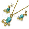 Oro Laminado Earring and Pendant Adult Set, Gold Filled Style Teardrop Design, with Aqua Blue and White Crystal, Polished, Golden Finish, 10.160.0137.1