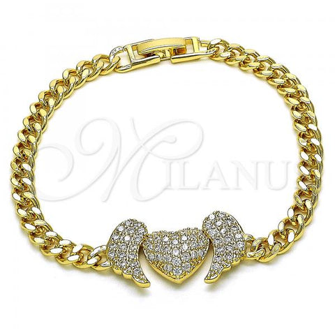 Oro Laminado Fancy Bracelet, Gold Filled Style Heart and Wings Design, with White Micro Pave, Polished, Golden Finish, 03.283.0284.07