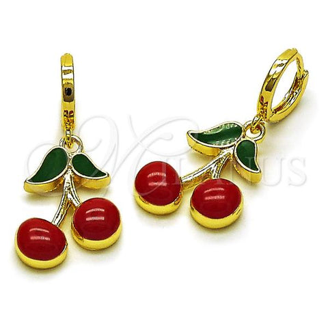 Oro Laminado Dangle Earring, Gold Filled Style Cherry Design, Red Enamel Finish, Golden Finish, 02.417.0008