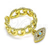 Oro Laminado Multi Stone Ring, Gold Filled Style Evil Eye and Curb Design, with Turquoise and White Micro Pave, Polished, Golden Finish, 01.341.0085