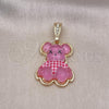 Oro Laminado Fancy Pendant, Gold Filled Style Teddy Bear Design, with Pink and White Crystal, Polished, Golden Finish, 05.196.0010