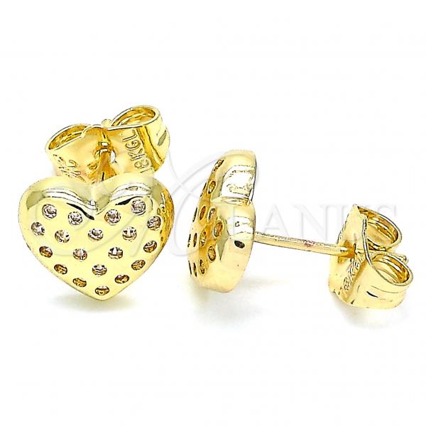 Oro Laminado Stud Earring, Gold Filled Style Heart Design, with White Micro Pave, Polished, Golden Finish, 02.156.0490