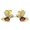 Oro Laminado Stud Earring, Gold Filled Style Bird Design, with Garnet and White Micro Pave, Polished, Golden Finish, 02.210.0404.2