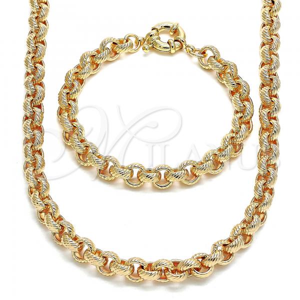 Oro Laminado Necklace and Bracelet, Gold Filled Style Rolo Design, Diamond Cutting Finish, Golden Finish, 06.378.0002