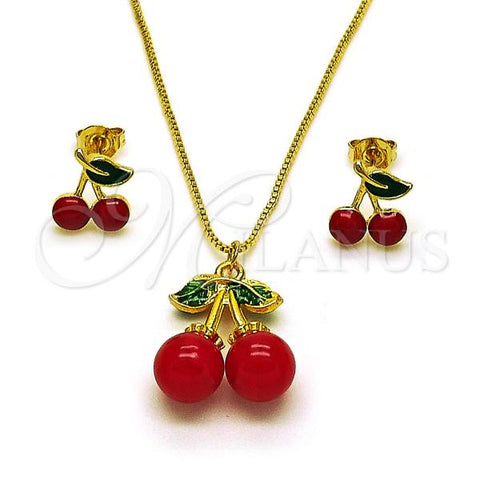 Oro Laminado Earring and Pendant Adult Set, Gold Filled Style Cherry and Box Design, Red Enamel Finish, Golden Finish, 10.417.0022