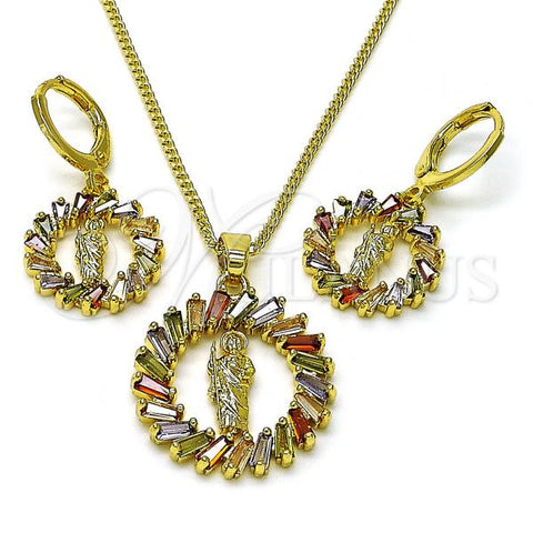 Oro Laminado Earring and Pendant Adult Set, Gold Filled Style San Judas and Baguette Design, with Multicolor Cubic Zirconia, Polished, Golden Finish, 10.316.0072.1