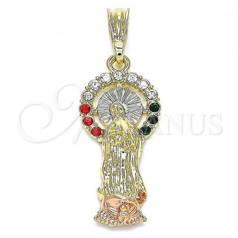 Oro Laminado Religious Pendant, Gold Filled Style Guadalupe Design, with Multicolor Crystal, Polished, Tricolor, 05.380.0112