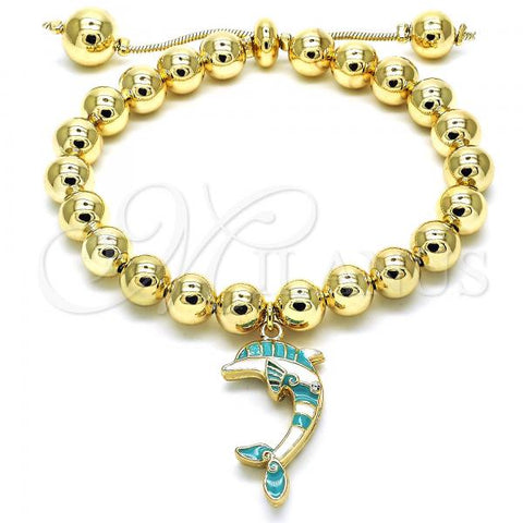 Oro Laminado Adjustable Bolo Bracelet, Gold Filled Style Dolphin and Ball Design, with White Crystal, Turquoise Enamel Finish, Golden Finish, 03.63.2035.3.08