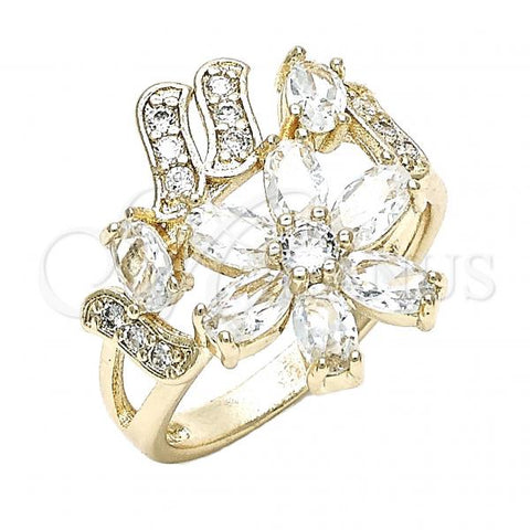 Oro Laminado Multi Stone Ring, Gold Filled Style Flower Design, with White Cubic Zirconia, Polished, Golden Finish, 01.210.0092.08 (Size 8)