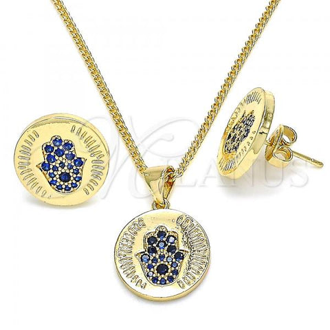 Oro Laminado Earring and Pendant Adult Set, Gold Filled Style Hand of God Design, with Sapphire Blue Micro Pave, Polished, Golden Finish, 10.156.0250.1