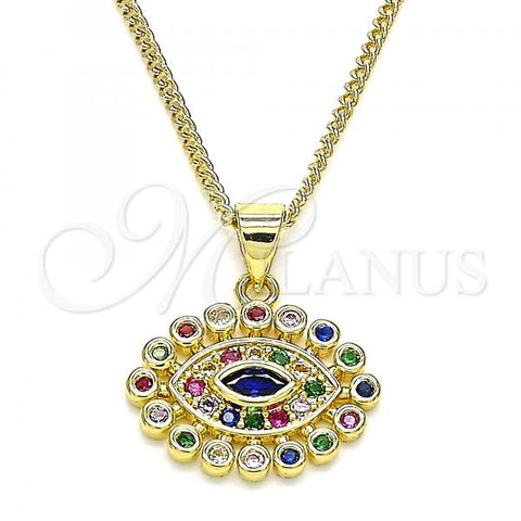 Oro Laminado Pendant Necklace, Gold Filled Style Evil Eye Design, with Multicolor Micro Pave, Polished, Golden Finish, 04.156.0397.1.20