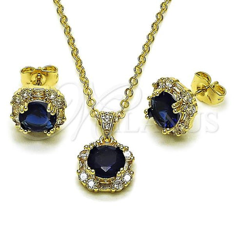 Oro Laminado Earring and Pendant Adult Set, Gold Filled Style Cluster and Baguette Design, with Sapphire Blue and White Cubic Zirconia, Polished, Golden Finish, 10.196.0196