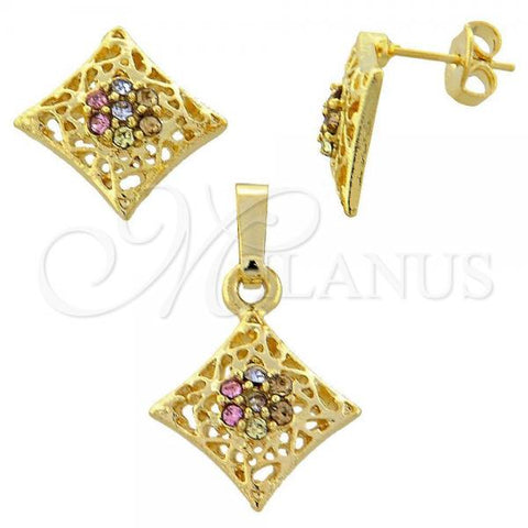 Oro Laminado Earring and Pendant Adult Set, Gold Filled Style Flower Design, with Multicolor Crystal, Polished, Golden Finish, 10.164.0014.1