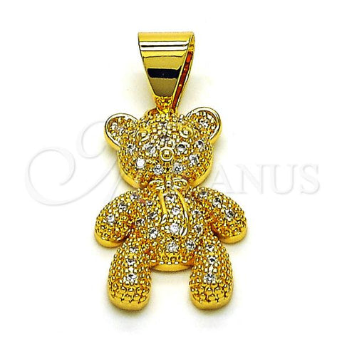 Oro Laminado Fancy Pendant, Gold Filled Style Teddy Bear and Bow Design, with White Micro Pave, Polished, Golden Finish, 05.342.0180