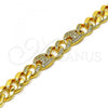 Oro Laminado Fancy Bracelet, Gold Filled Style Puff Mariner and Curb Design, with White Micro Pave, Polished, Golden Finish, 03.346.0009.07