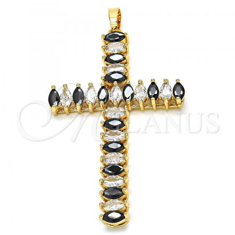 Oro Laminado Fancy Pendant, Gold Filled Style Cross Design, with Black and White Cubic Zirconia, Polished, Golden Finish, 05.316.0001.2
