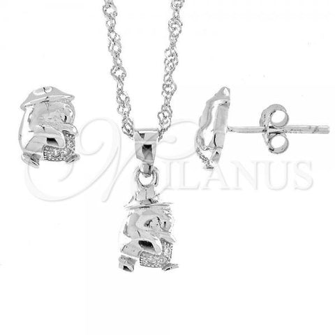 Sterling Silver Earring and Pendant Adult Set, with White Micro Pave, Polished, Rhodium Finish, 10.174.0063