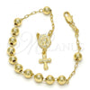 Oro Laminado Bracelet Rosary, Gold Filled Style Virgen Maria and Cross Design, Polished, Golden Finish, 03.197.0001.08