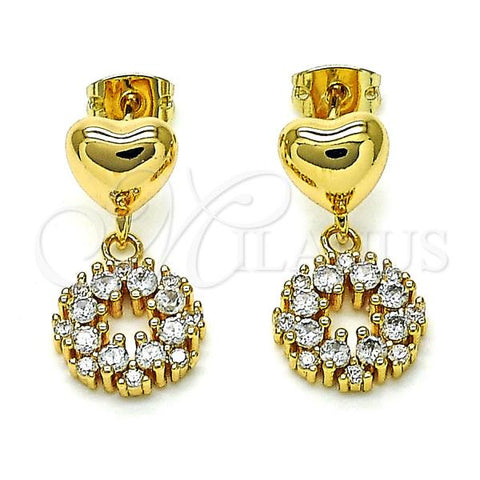 Oro Laminado Dangle Earring, Gold Filled Style Heart Design, with White Cubic Zirconia, Polished, Golden Finish, 02.156.0689