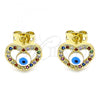 Oro Laminado Stud Earring, Gold Filled Style Heart and Evil Eye Design, with Multicolor Micro Pave, White Enamel Finish, Golden Finish, 02.381.0013