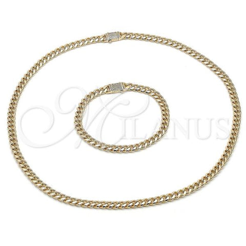 Oro Laminado Necklace and Bracelet, Gold Filled Style Miami Cuban Design, with White Micro Pave, Polished, Golden Finish, 06.253.0003