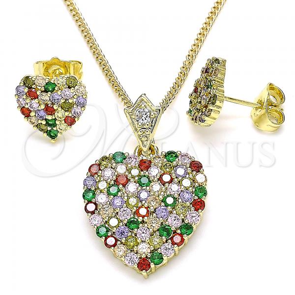Oro Laminado Earring and Pendant Adult Set, Gold Filled Style Heart Design, with Multicolor Cubic Zirconia, Polished, Golden Finish, 10.283.0018.2