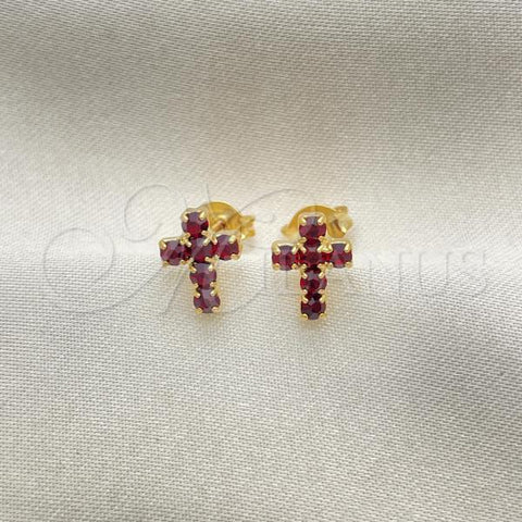 Oro Laminado Stud Earring, Gold Filled Style Cross Design, with Siam Cubic Zirconia, Polished, Golden Finish, 02.02.0523
