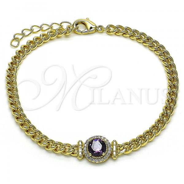 Oro Laminado Fancy Bracelet, Gold Filled Style with Amethyst Cubic Zirconia and White Micro Pave, Polished, Golden Finish, 03.213.0177.1.07