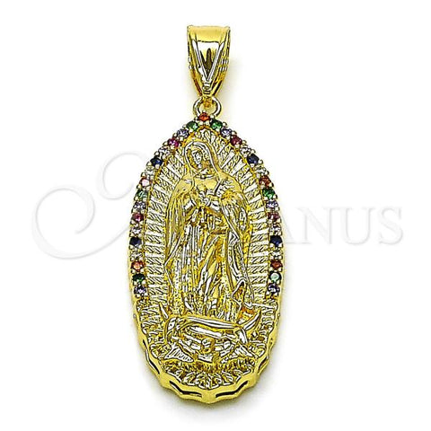 Oro Laminado Religious Pendant, Gold Filled Style Guadalupe Design, with Multicolor Cubic Zirconia, Diamond Cutting Finish, Golden Finish, 05.411.0072