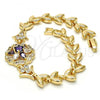 Oro Laminado Fancy Bracelet, Gold Filled Style Flower and Leaf Design, with Amethyst and White Cubic Zirconia, Polished, Golden Finish, 03.210.0042.2.08