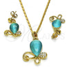 Oro Laminado Earring and Pendant Adult Set, Gold Filled Style Teardrop Design, with Aqua Blue and White Crystal, Polished, Golden Finish, 10.160.0137.1
