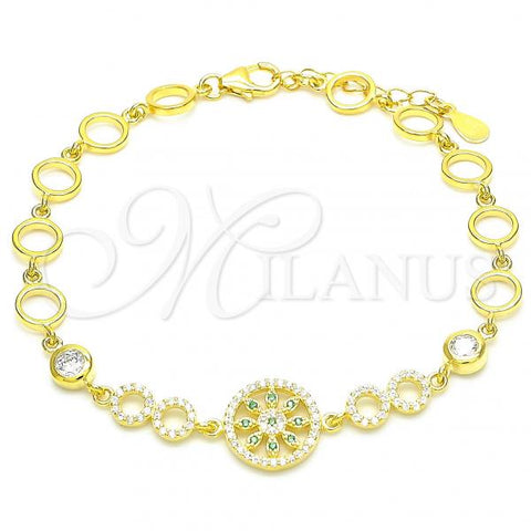 Sterling Silver Fancy Bracelet, Flower Design, with Light Green and White Cubic Zirconia, Polished, Golden Finish, 03.369.0002.6.07