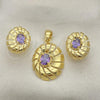 Oro Laminado Earring and Pendant Adult Set, Gold Filled Style with Amethyst Cubic Zirconia, Polished, Golden Finish, 5.046.004.4