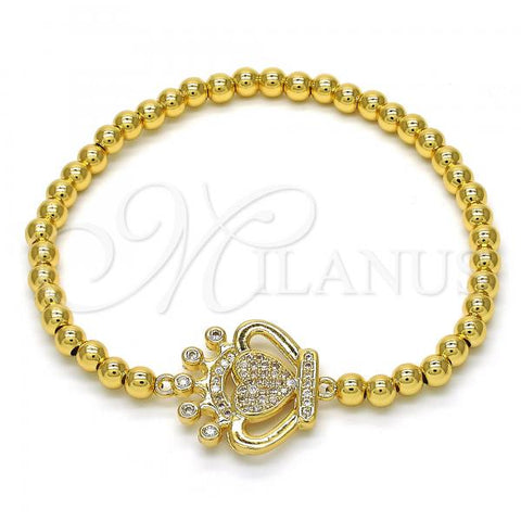 Oro Laminado Fancy Bracelet, Gold Filled Style Expandable Bead and Crown Design, with White Cubic Zirconia, Polished, Golden Finish, 03.207.0074.07
