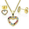 Oro Laminado Earring and Pendant Adult Set, Gold Filled Style Heart Design, with Multicolor Micro Pave, Polished, Golden Finish, 10.233.0043.2