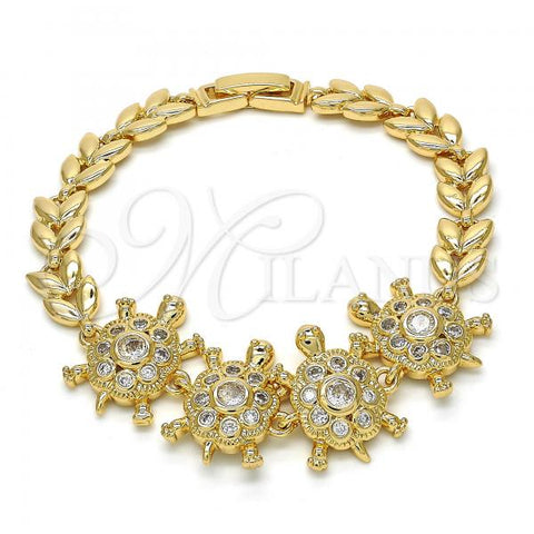 Oro Laminado Fancy Bracelet, Gold Filled Style Turtle and Leaf Design, with White Cubic Zirconia, Polished, Golden Finish, 03.266.0026.1.07