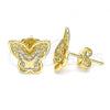 Oro Laminado Stud Earring, Gold Filled Style Butterfly Design, with White Micro Pave, Polished, Golden Finish, 02.156.0411