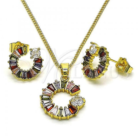 Oro Laminado Earring and Pendant Adult Set, Gold Filled Style Moon and Baguette Design, with Multicolor Cubic Zirconia, Polished, Golden Finish, 10.316.0071.1